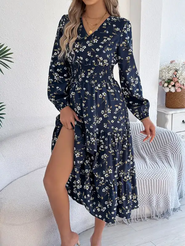 Structured Shape Floral Printed V Neck Midi Dress