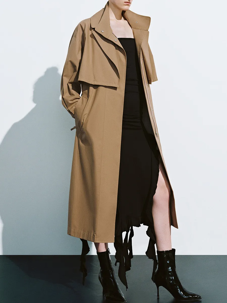 Ladies' Khaki Long Casual Style Large Lapel Trench Coat