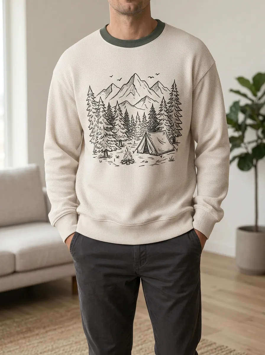 Men's Camping Lover Mountain Forest Printed Waffle Knit Sweatshirt