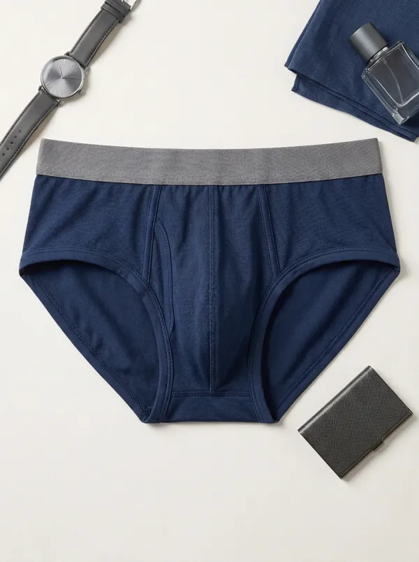 Navy Blue Solid Color Elastic Waistband Briefs
