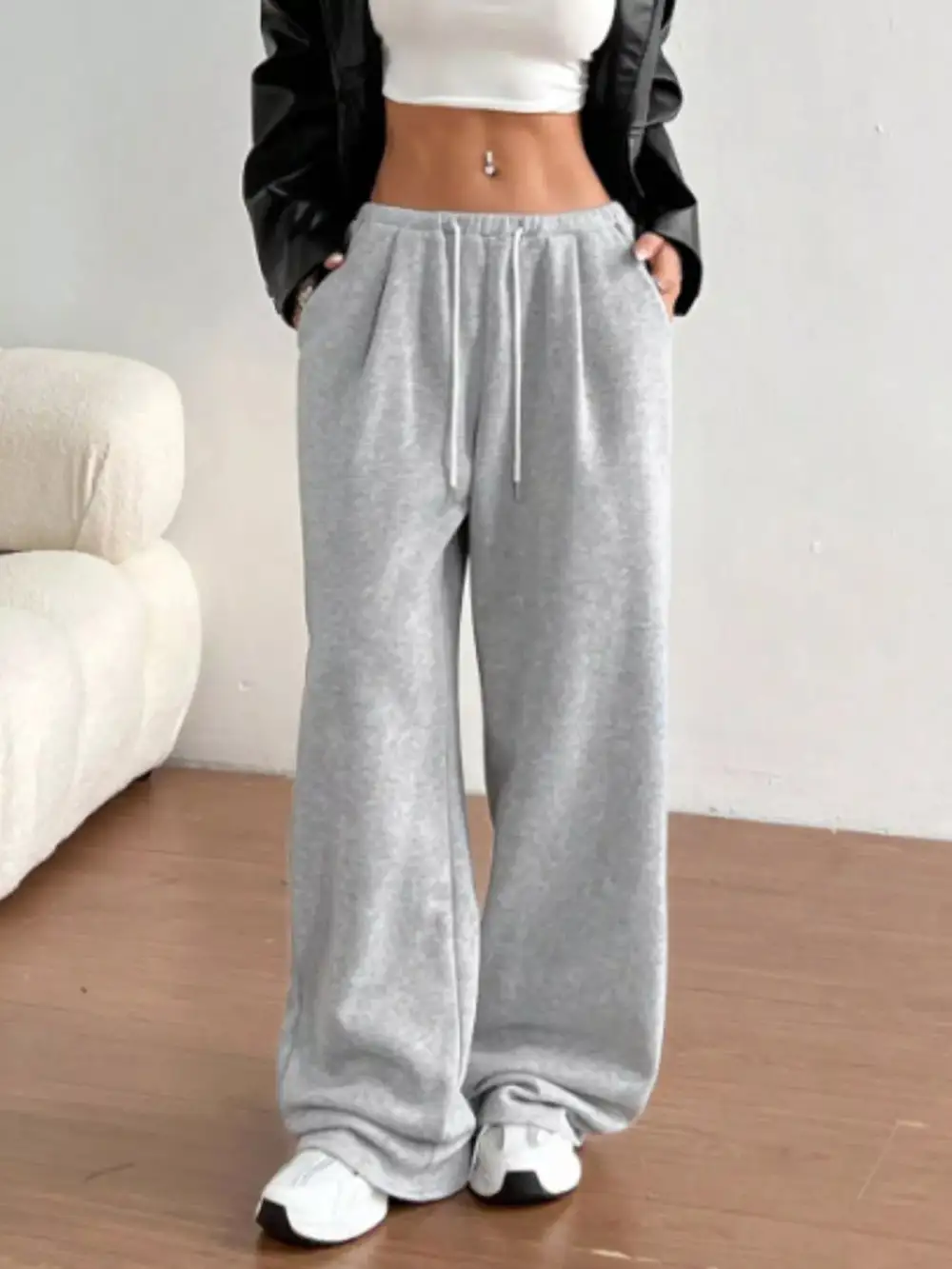 High-Waist Wide-Leg Drawstring Pocketed Sweatpants