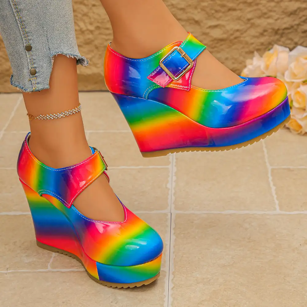 Colorful Round Toe Wedge Mary Jane Loafers Shoes
