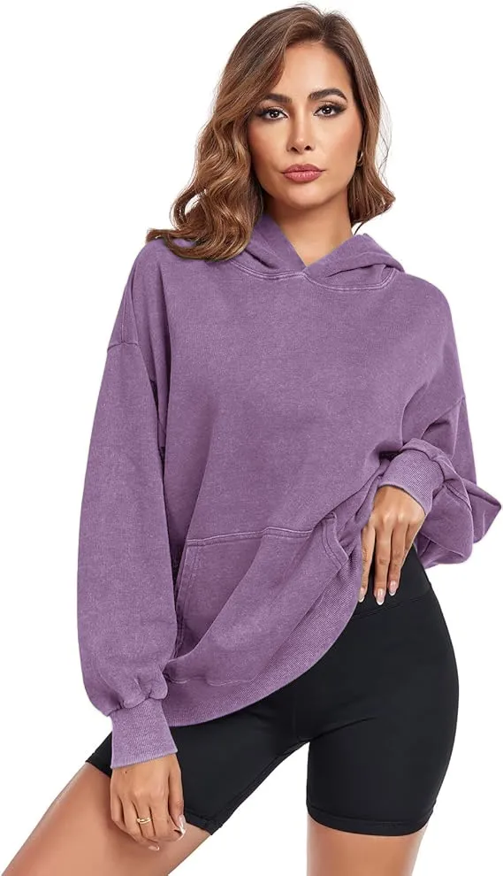 Women's Oversized Acid Wash Cotton Hoodie Minimalist Design Loose Fit with Kangaroo Pocket