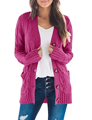 Women's Long Sleeve Cable Knit Sweater Open Front Cardigan Button Loose Outerwear