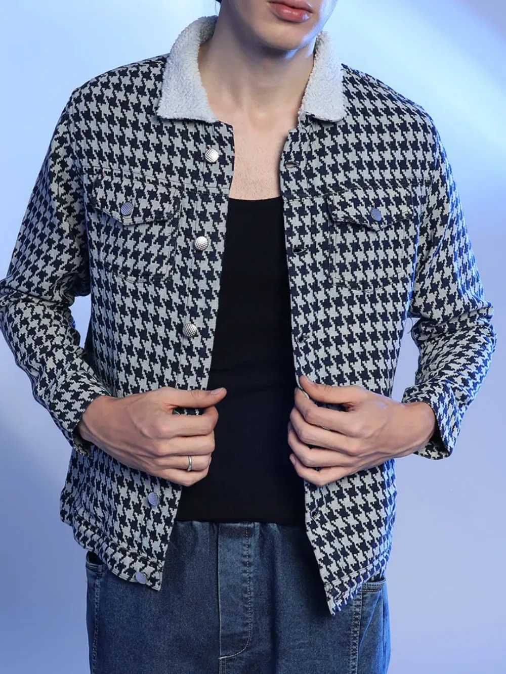 Houndstooth Pattern Sherpa Collar Jacket