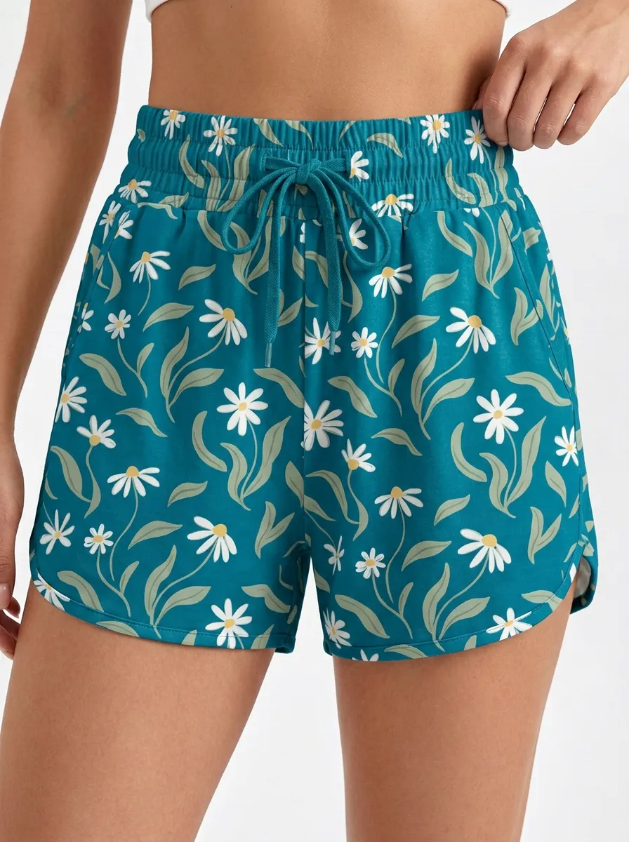 Women's Daisy Leaf Curved-Hem Lounge Shorts
