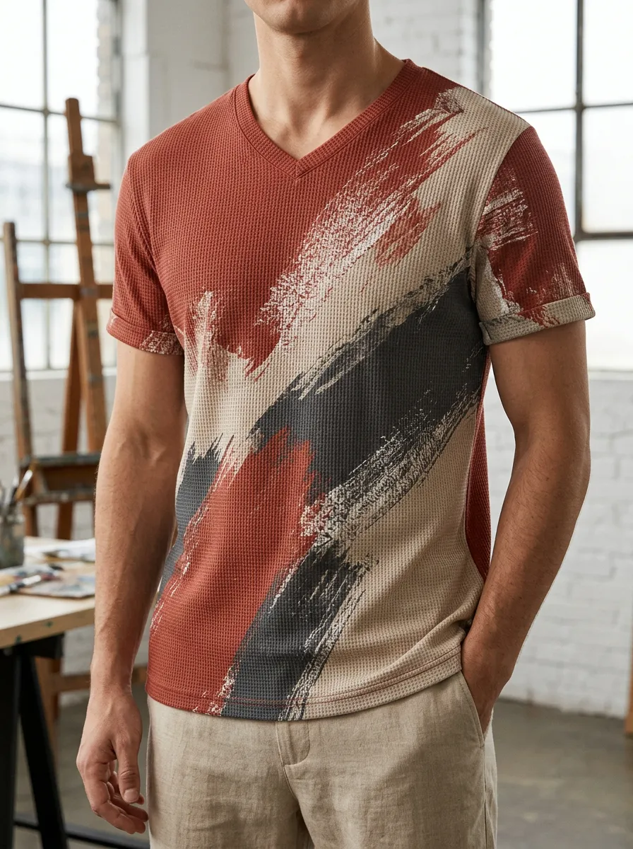 Men's Linear Abstract Brushstroke Waffle Knit V-Neck T-Shirt