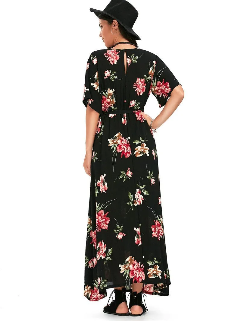 Floral Print V Neck Split Belted Beach Maxi Dress