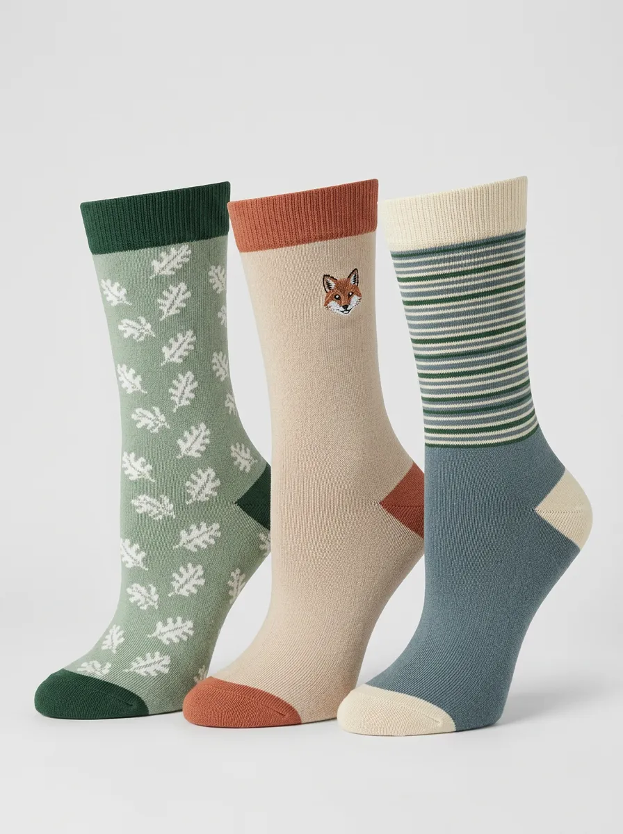 Striped Fox Botanical Women's Three-Pair Crew Socks