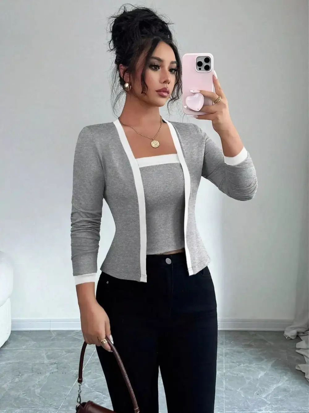 Contrast Trim Cardigan & Tank Top Set