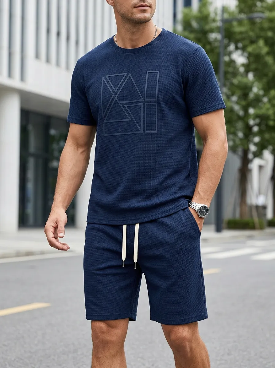 Everyday Waffle Texture Geometric Pattern Look Men's T-Shirt And Shorts Set