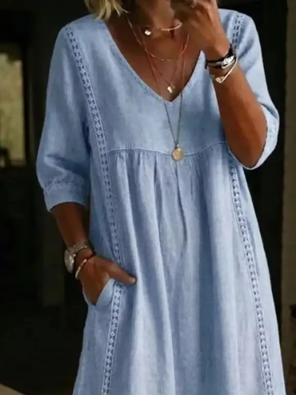V-Neck Three Quarter Sleeve Pocketed Midi Dress