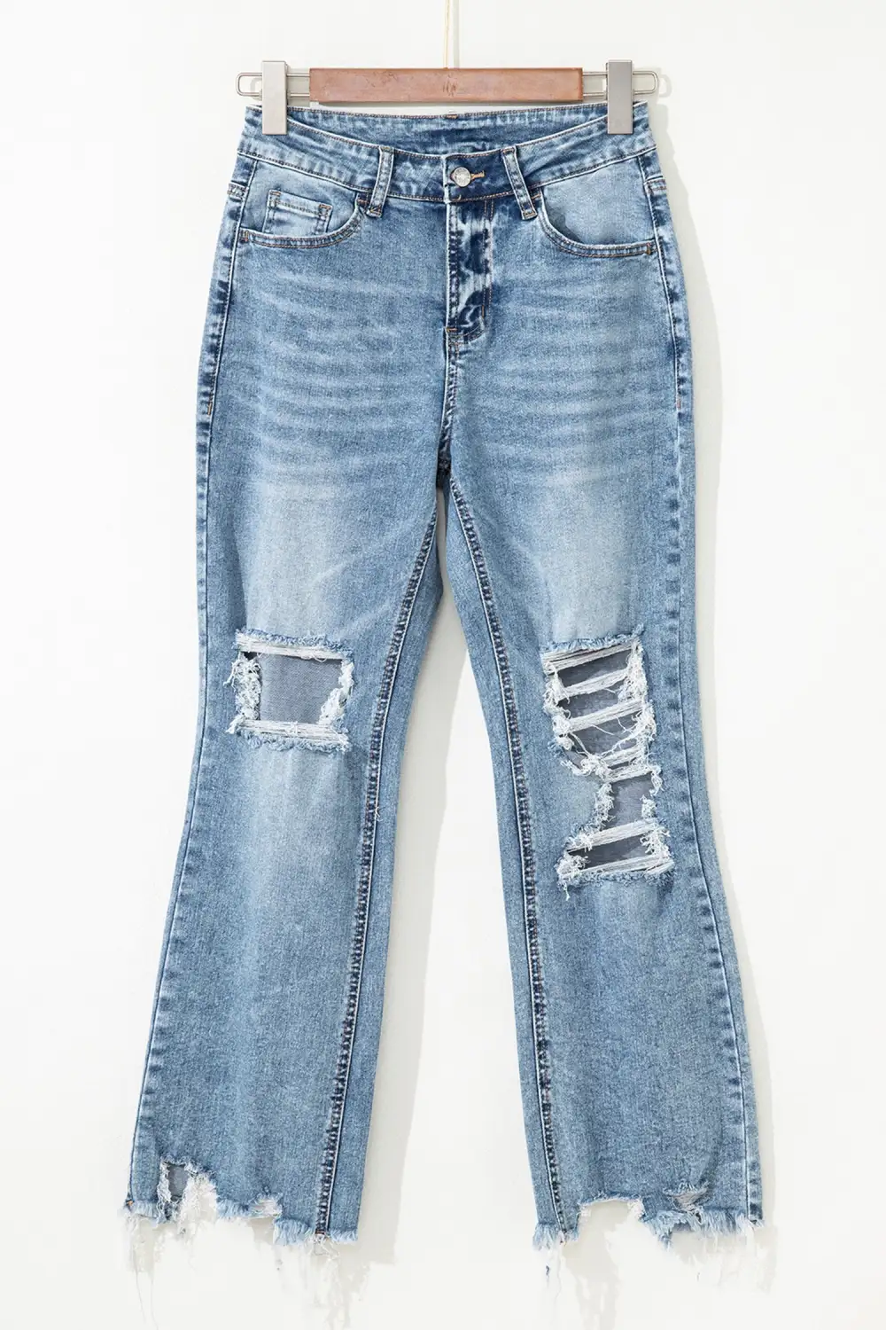 Raw Hem Ripped Open Knee Fit Flare Jeans