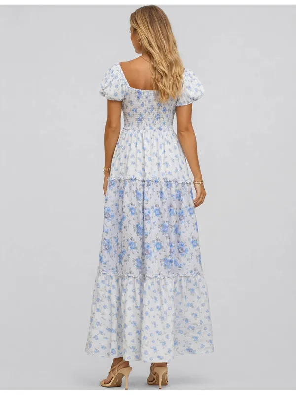 Neck Puff Sleeves Boho Maxi Dress