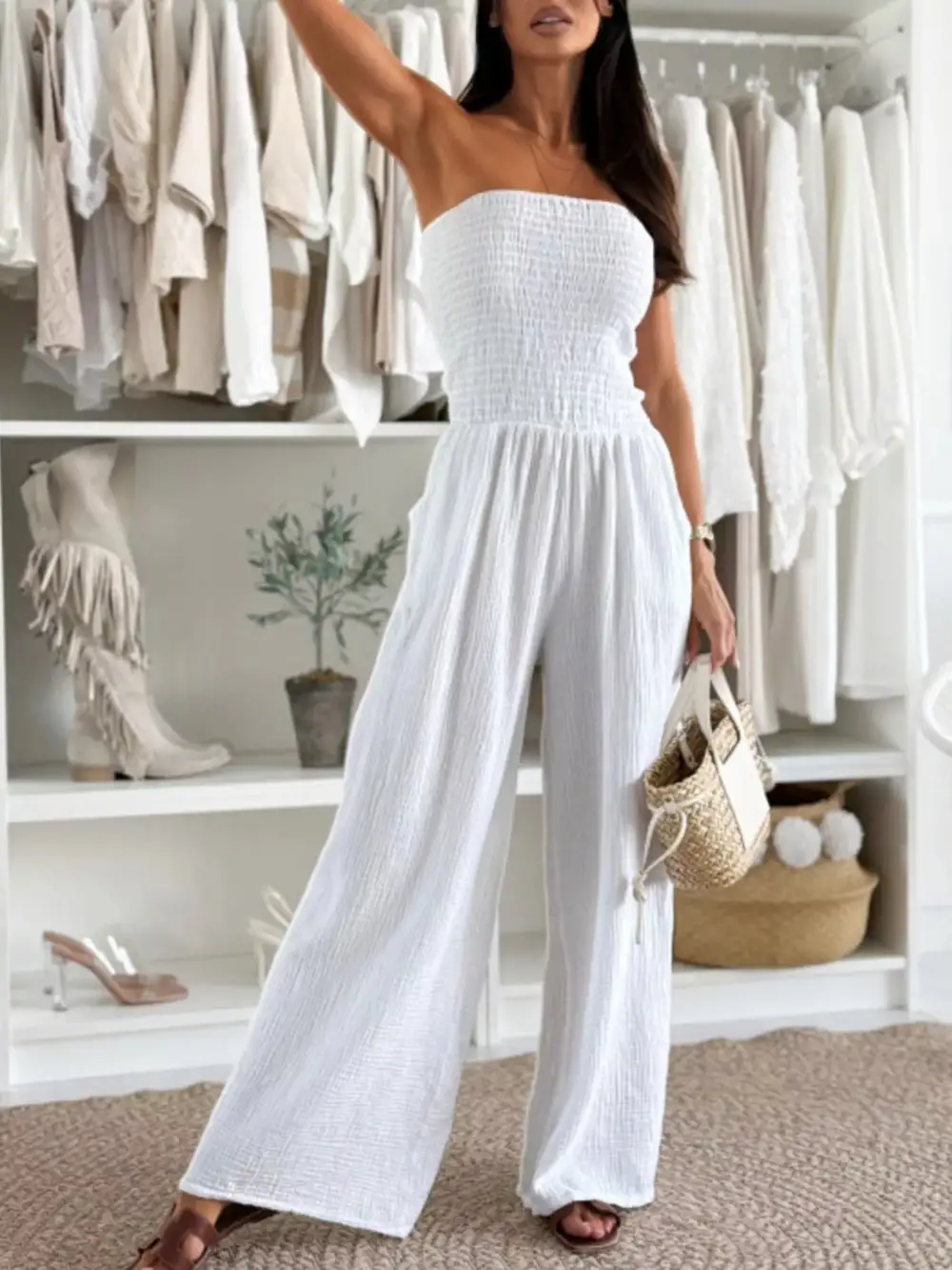 Smocked Tube Wide Leg Jumpsuit
