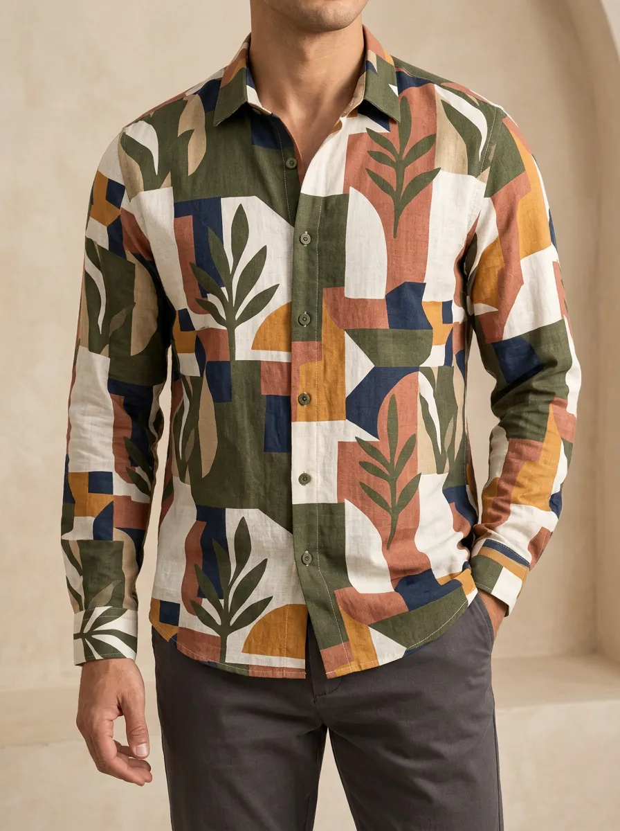 Men's Botanical and Geometric Casual Printed Shirt