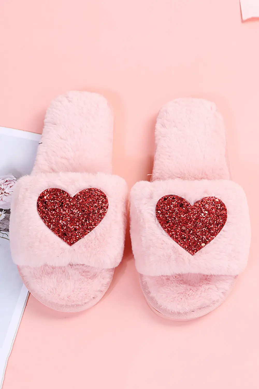 Sequin Heart Plush House Slippers