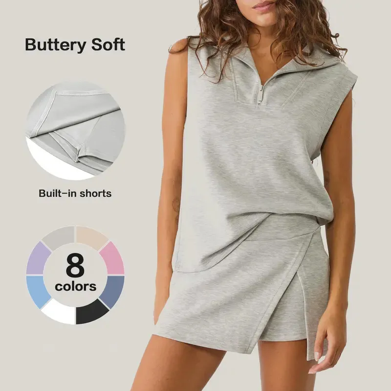 Women's 2 Piece Skirt Sets Summer Sleeveless Half Zip Sweatshirt
