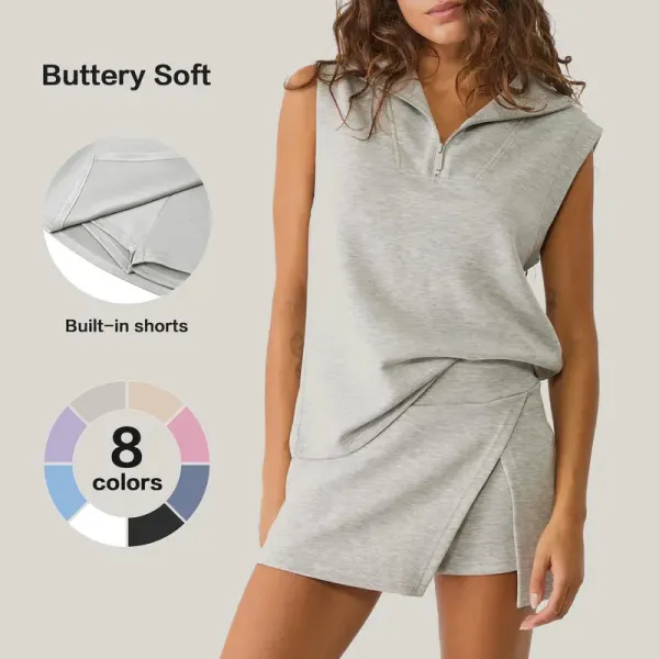 Women's 2 Piece Skirt Sets Summer Sleeveless Half Zip Sweatshirt