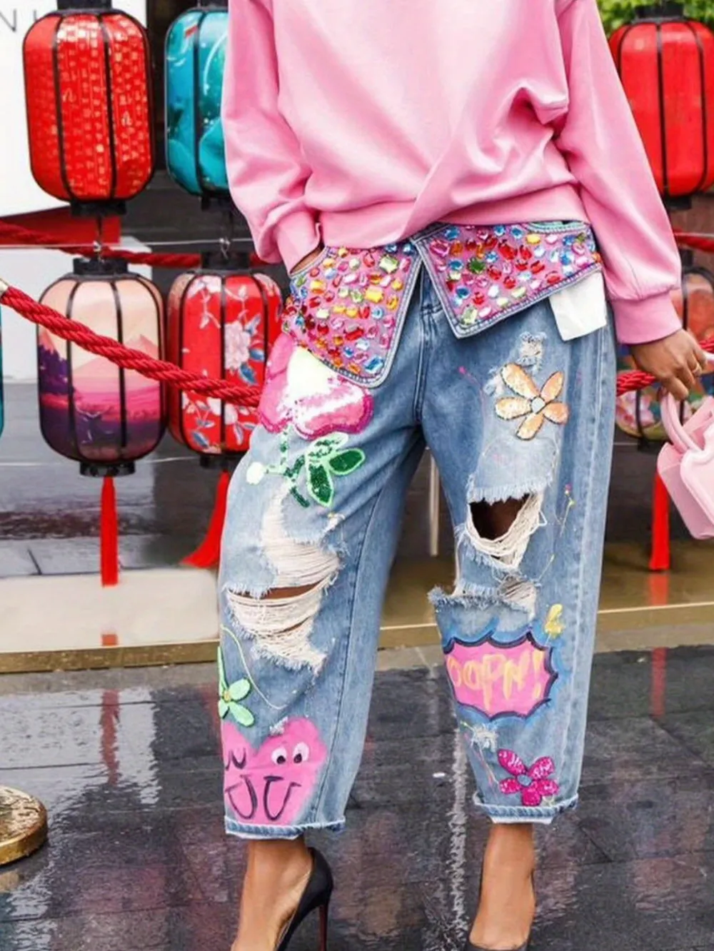 High Waist Wide Leg Rhinestone Flower Horseshoe Ripped Loose Cropped Jeans