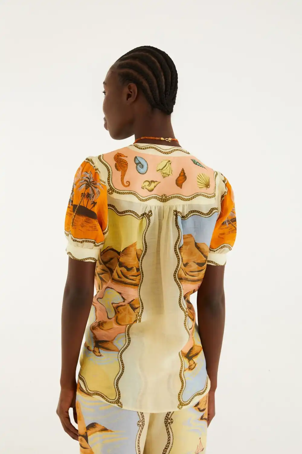 Tropical-Print Puff-Sleeve Short-Sleeve Blouse