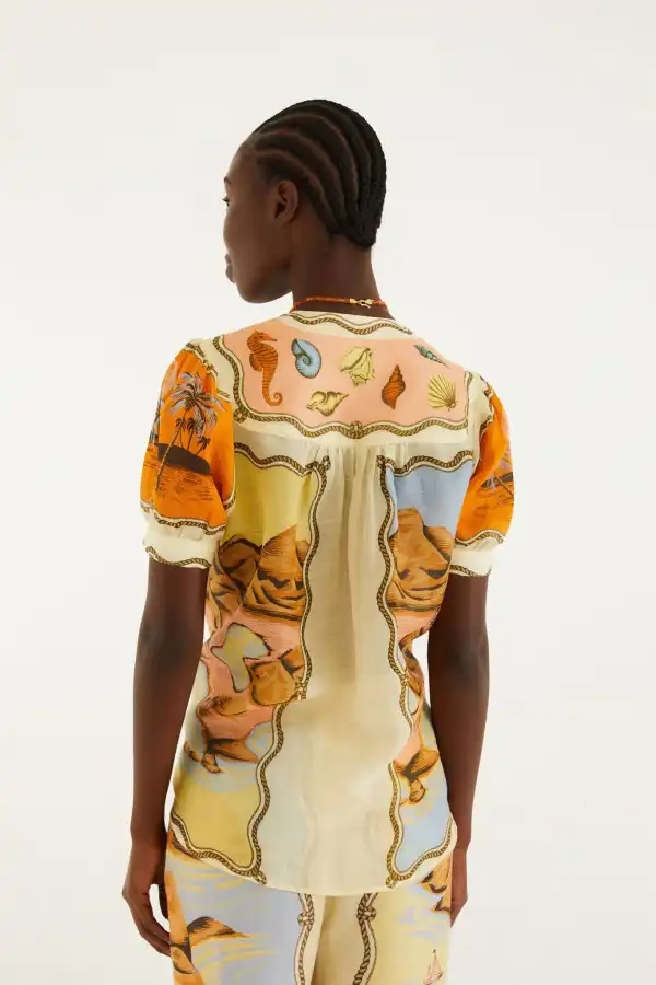 Tropical-Print Puff-Sleeve Short-Sleeve Blouse