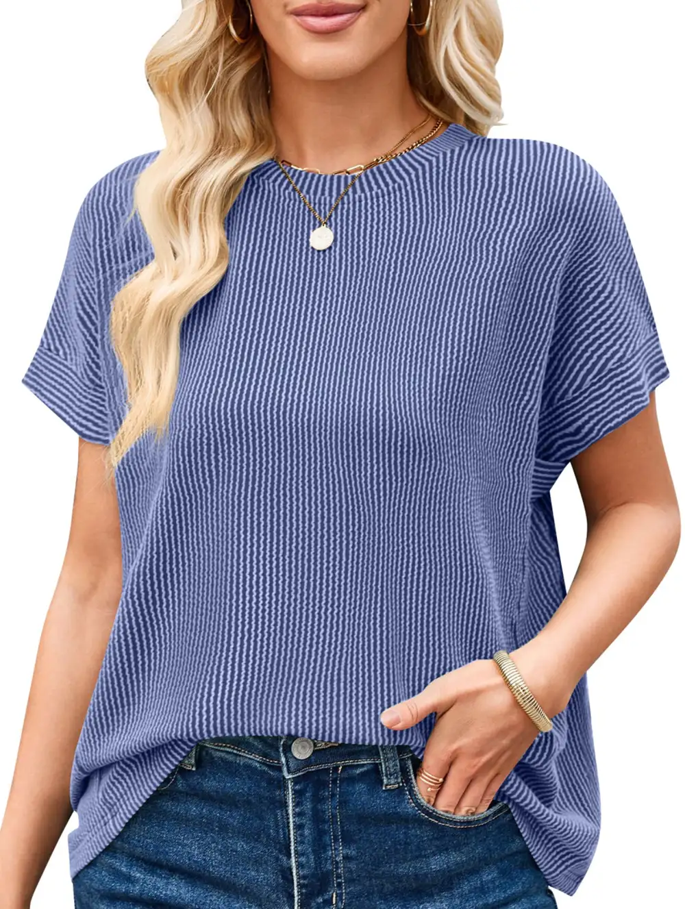 Ribbed Knit Crew Neck Tee