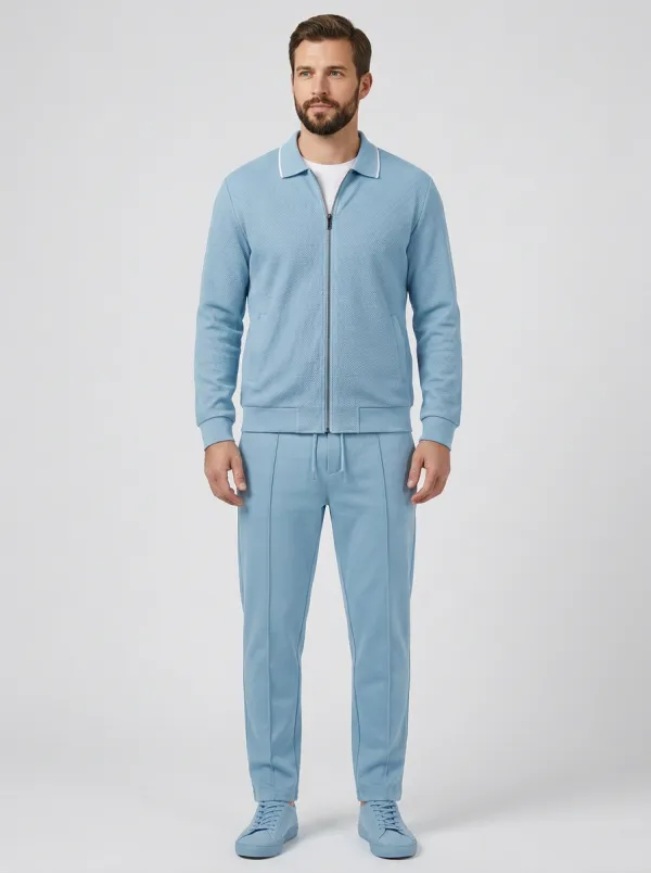 Men's Textured Zip-Up Polo Collar Jacket and Jogger Pants Set
