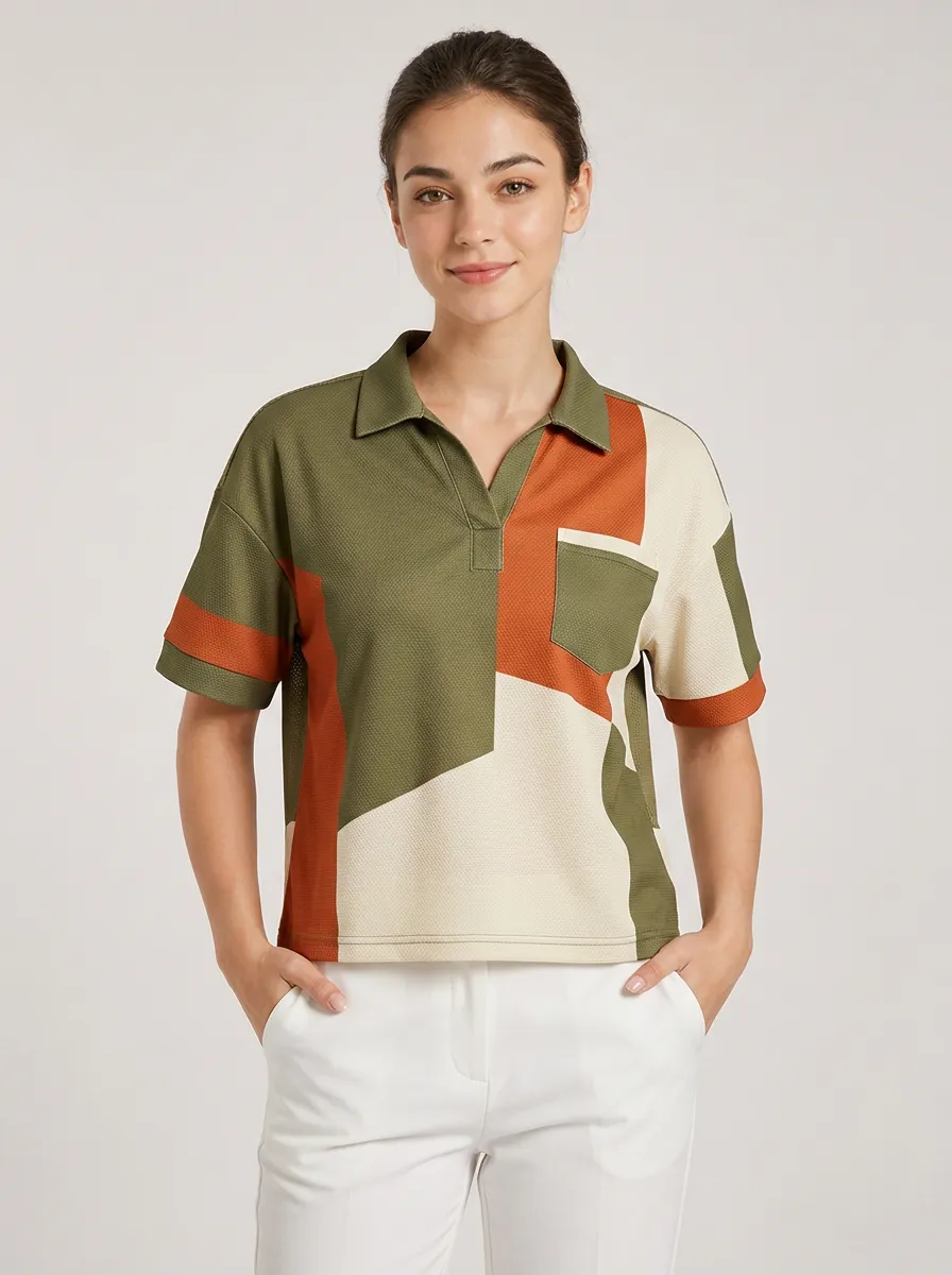 Women's Casual Geometric Colorblock Printed Polo Shirt