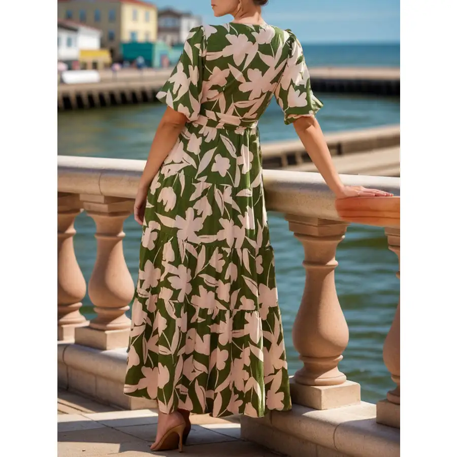Tied Slit Printed Half Sleeve Midi Dress