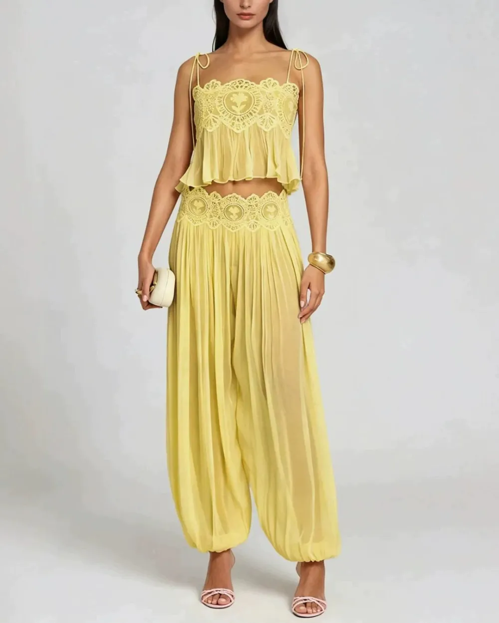 Slim Fit Ruffle Trim Open-Back Chiffon Set