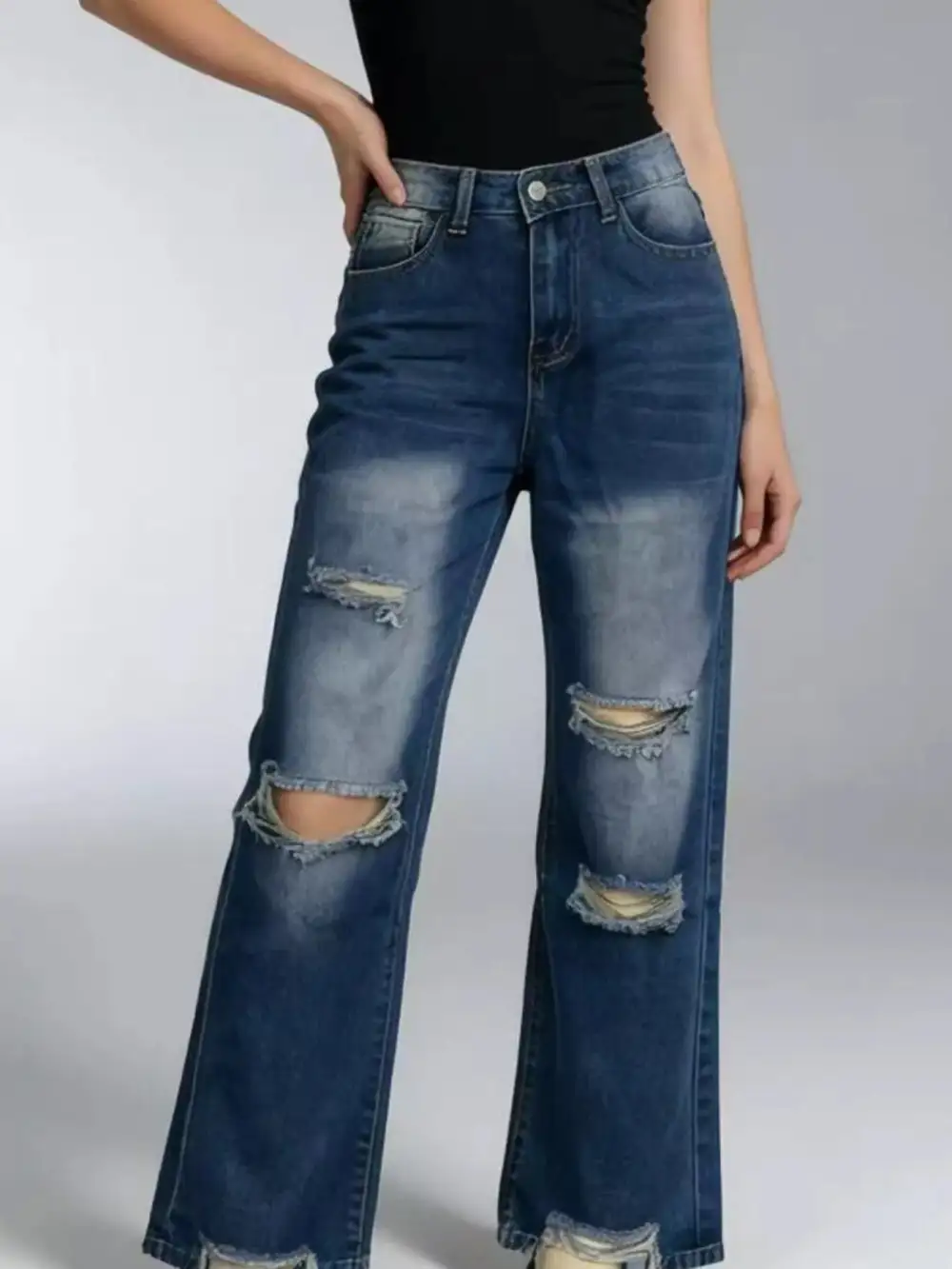 Classic Wide Leg Distressed Denim Jeans