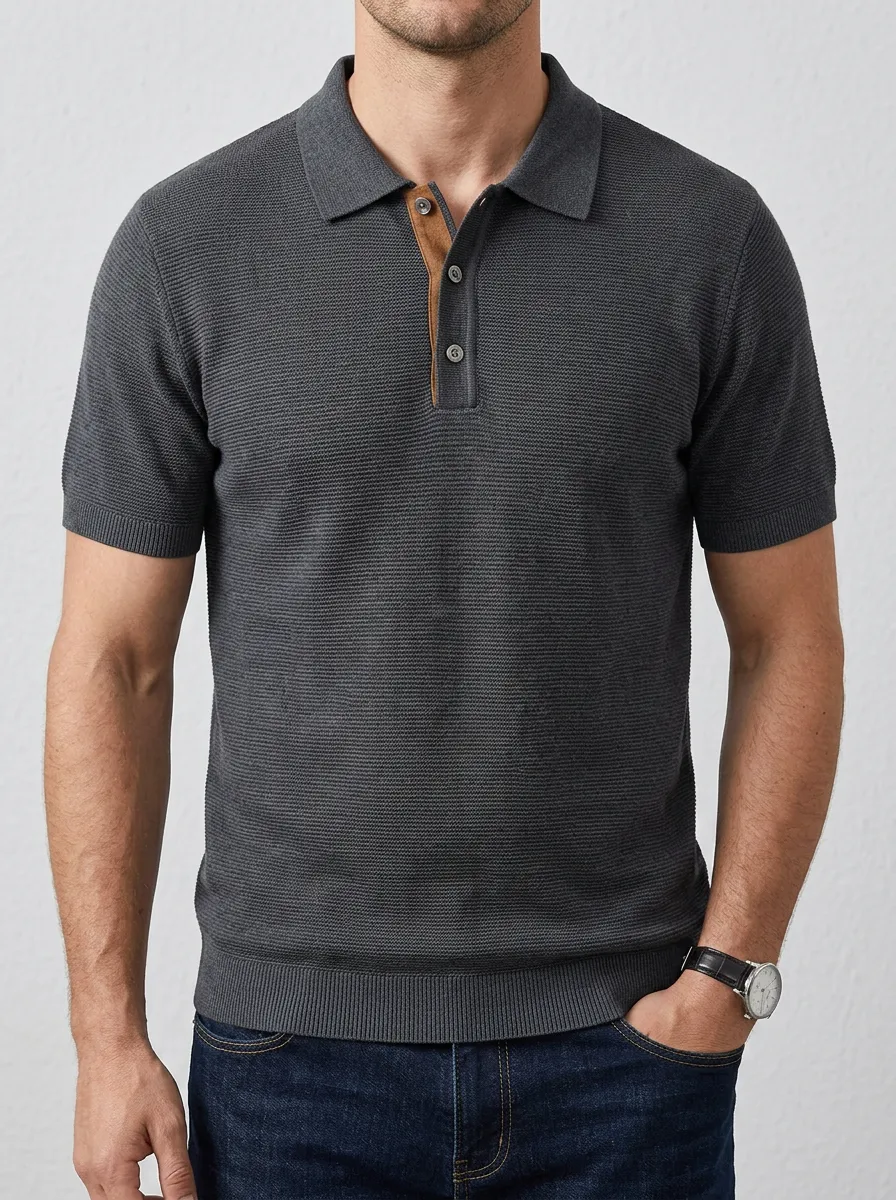 Men's Knit Ribbed Textured Contrast-Placket Polo Shirt