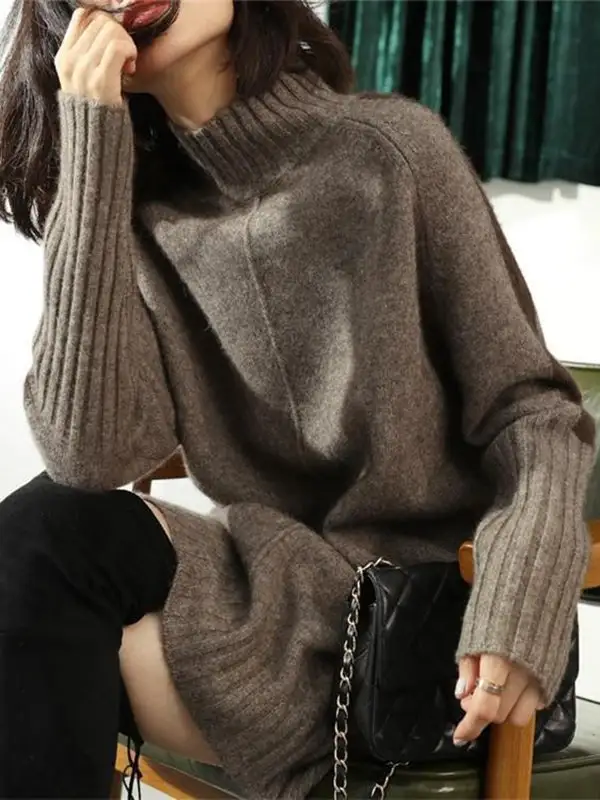 Relaxed Long Sleeve Contrast Color Half Turtleneck Sweater Dress