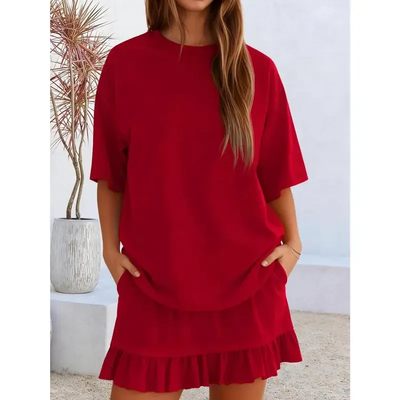 Women's Oversized Ruffle Hem Short Sleeve Set