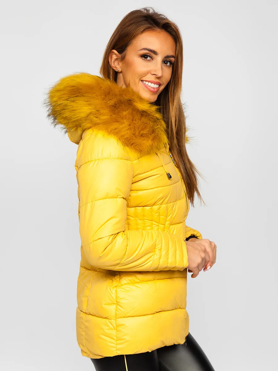 Women's yellow quilted winter jacket with hood