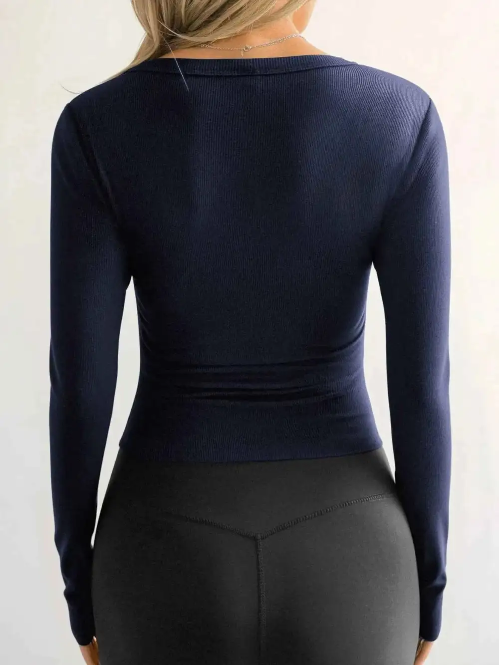 Ribbed V-Neck Long Sleeve T-Shirt