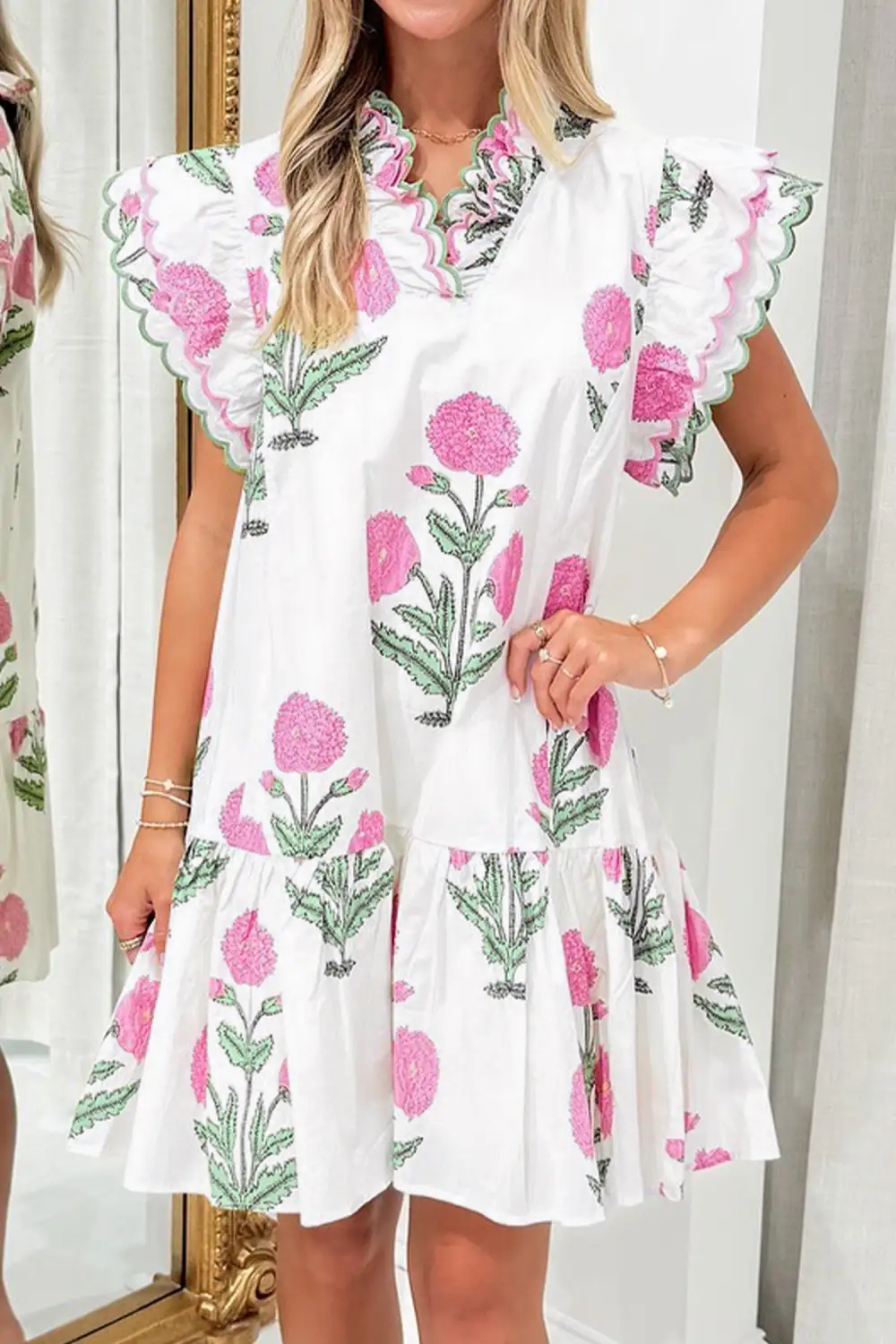 Gathered Detail Floral Printed V Neck Mini Dress