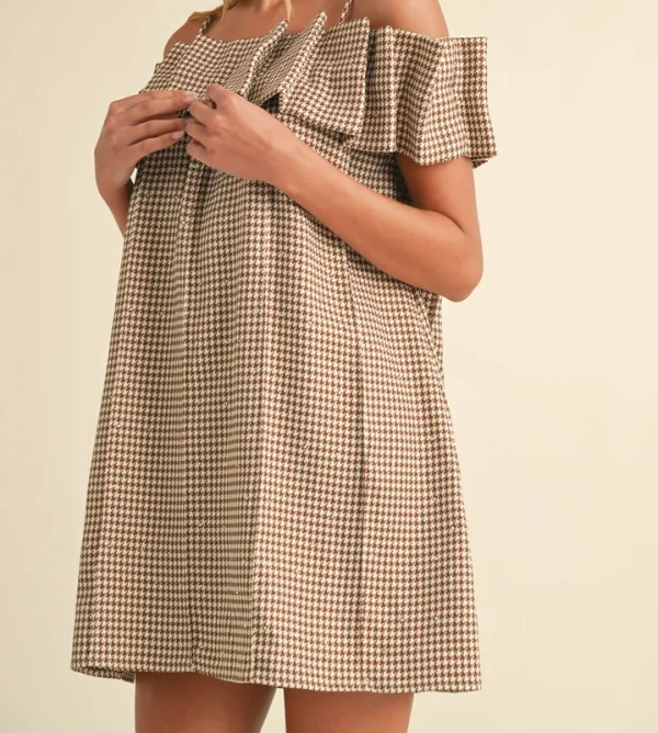 Sequin Houndstooth Pleated Off Shoulder Dress
