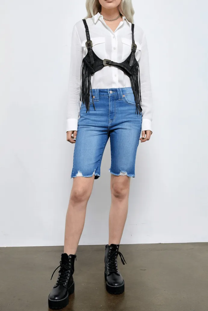 Weekend High Rise Distressed Frayed Hem Denim Shorts
