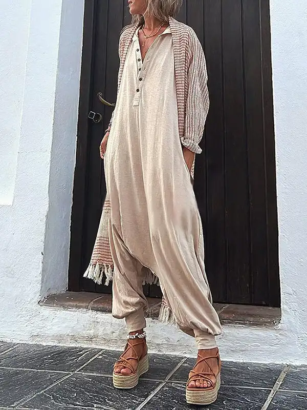 Jumpsuits Met Losse Knopen Effen Kleur En V