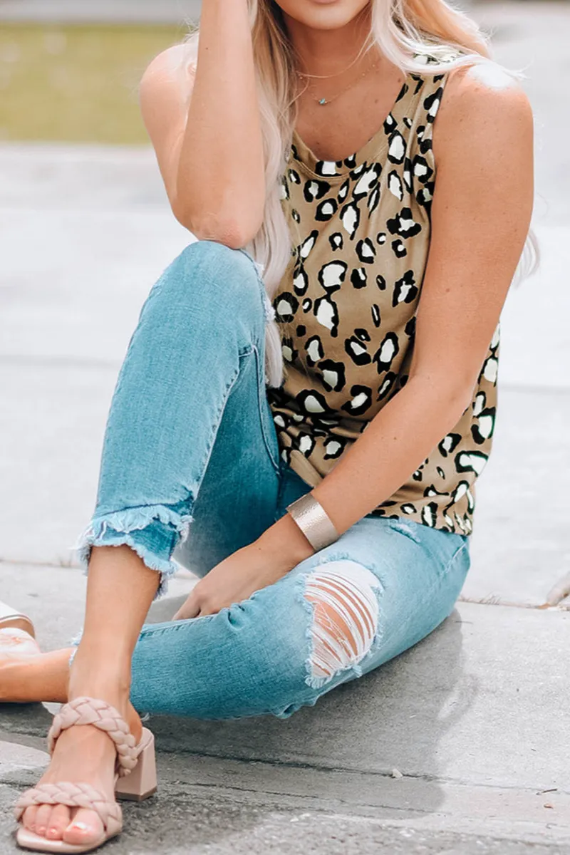 Resort Leopard Print Crew Neck Tank Top