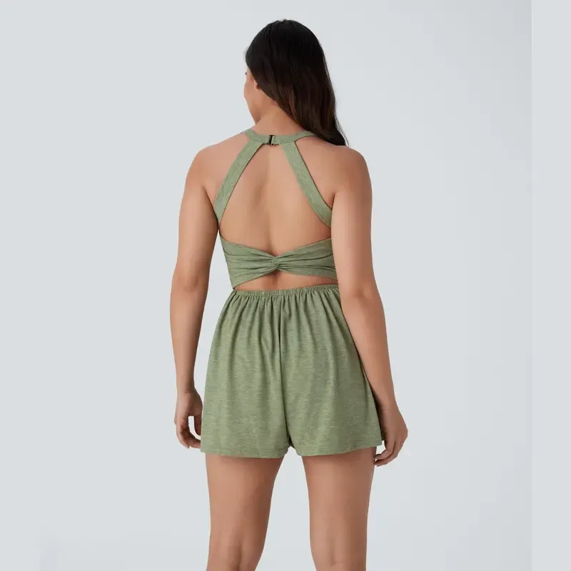 Women’s Backless Twisted Romper – 2-in-1 with Pocket