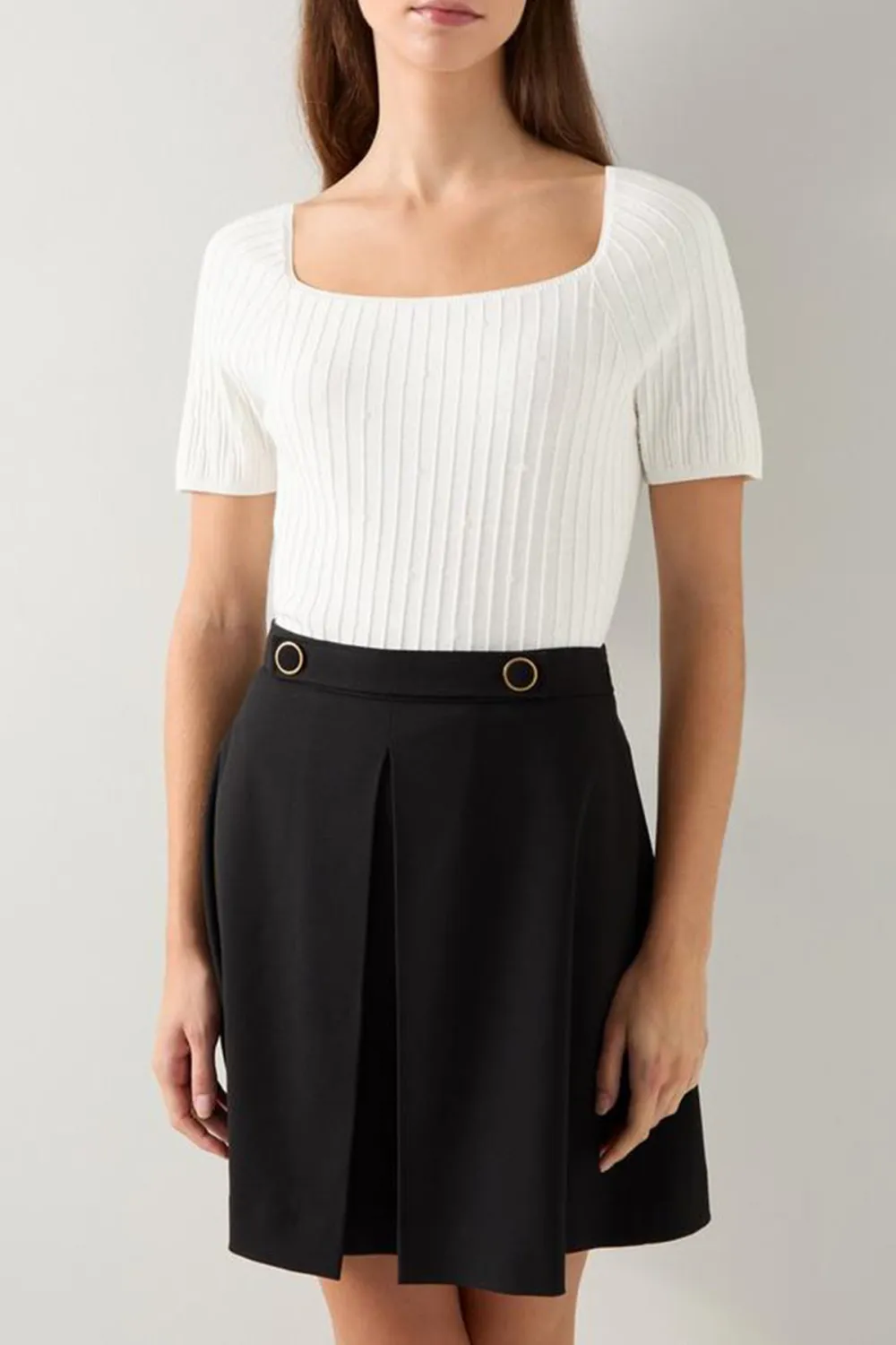 White Ribbed Square Neck Short Sleeve Knit