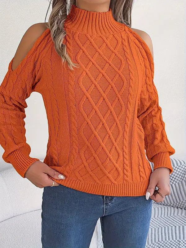 Openwork Cold Shoulder Long Sleeve Relaxed Fit Pullover Sweater