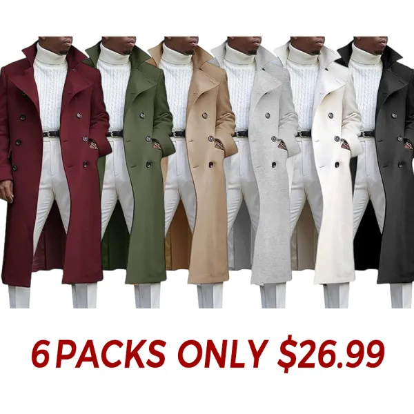 Men's Notch Lapel Double Breasted Long Trench Coat Casual Cotton Blend Peacoat