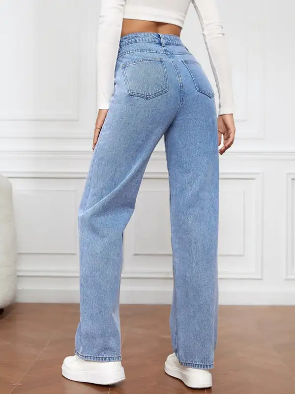 High Waist Straight Leg Washed Denim Jeans