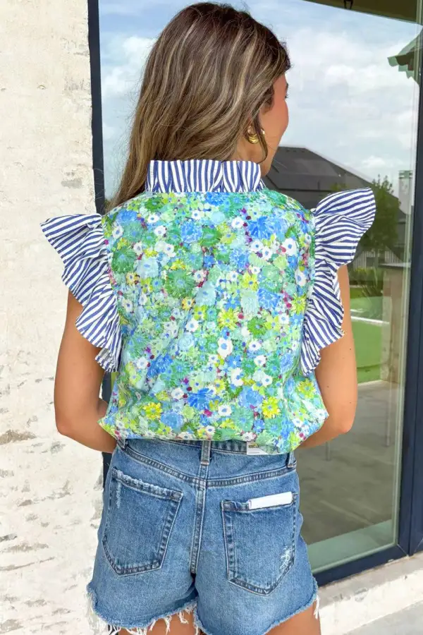 Floral Striped Patchwork Flutter Sleeve Blouse