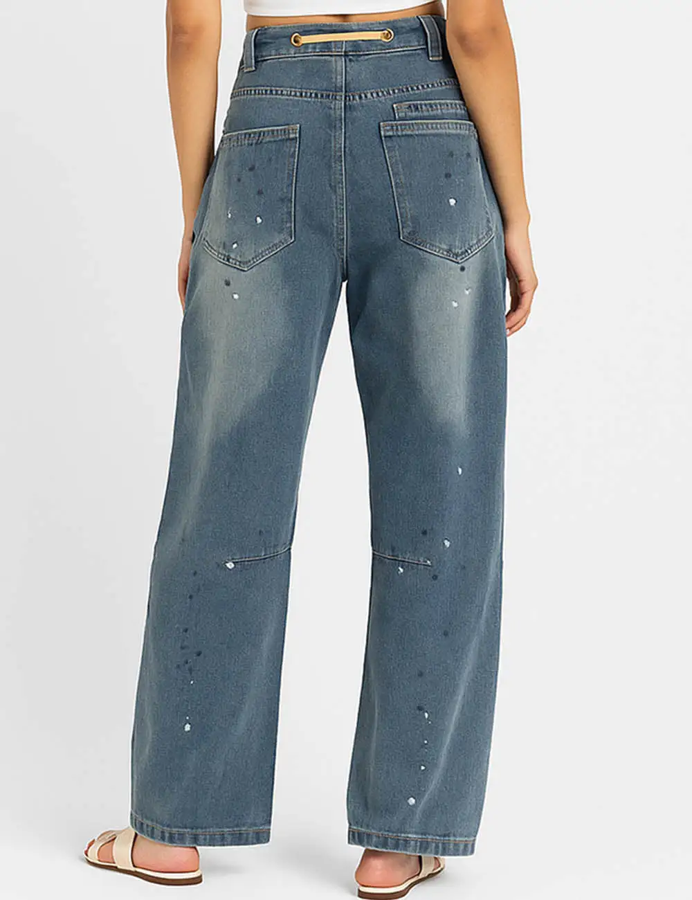 Paint Splatter Print Jeans Drawstring Barrel Leg Denim Pants