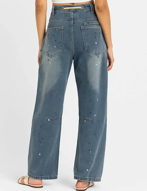 Paint Splatter Print Jeans Drawstring Barrel Leg Denim Pants